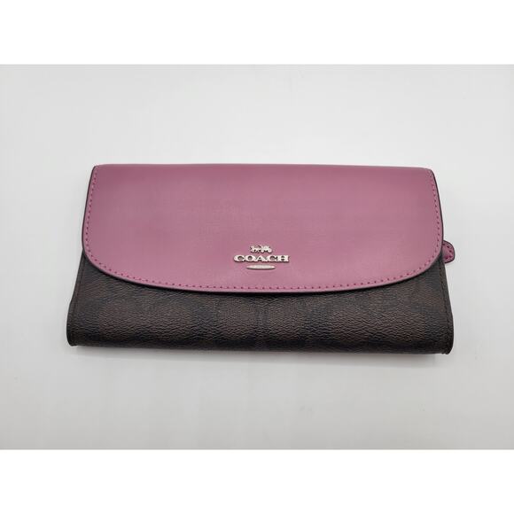 Coach Brown Leather Azalea Purple Checkbook Long Wallet - Picture 1 of 11